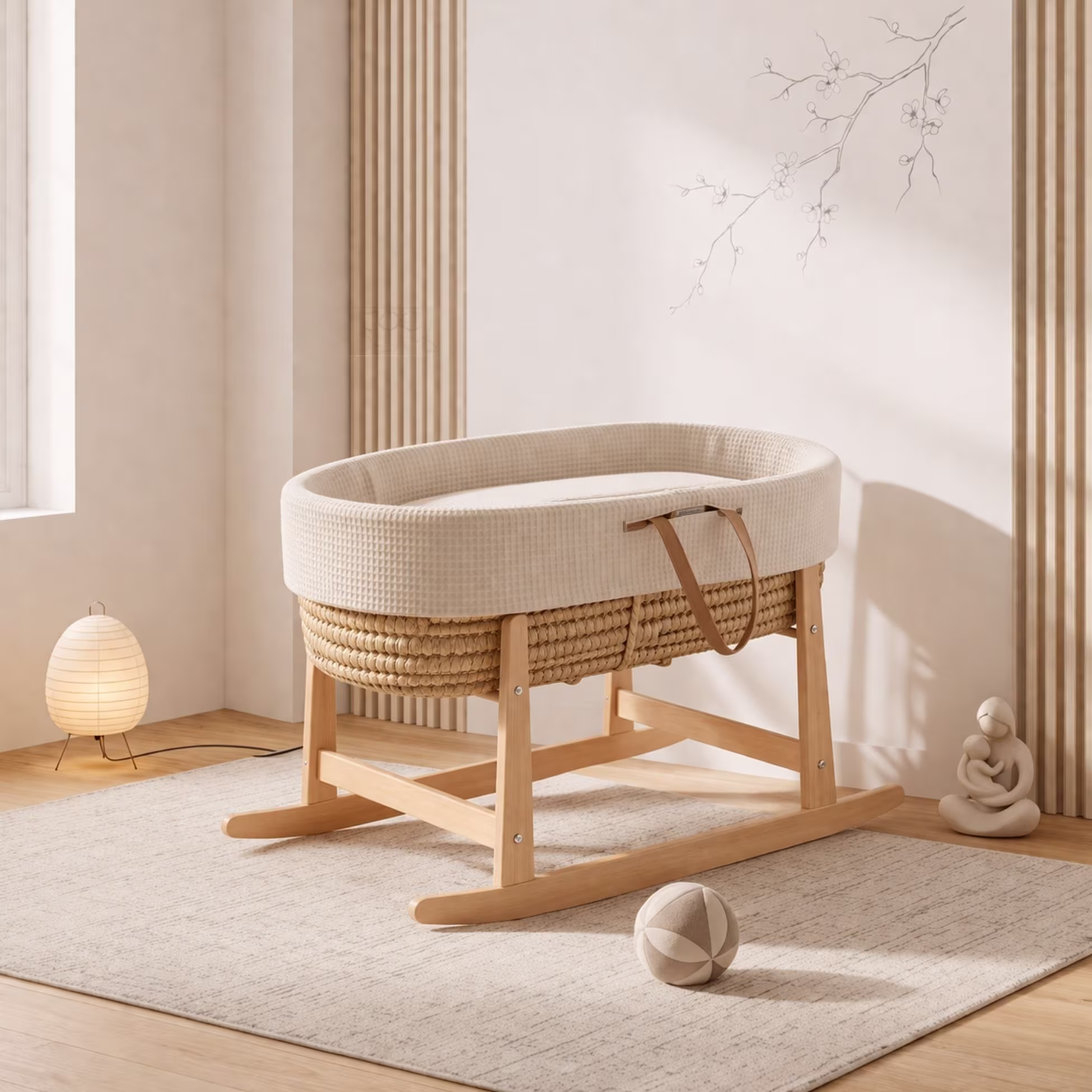 Moisés de bebé de palma + vestidura + colchón perforado + estructura a elegir + pack 2 bajeras impermeables