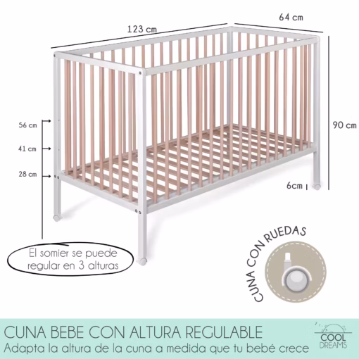 Cuna Laponia de 60x120 cm con somier de láminas de haya + 4 ruedas - Imagen 3