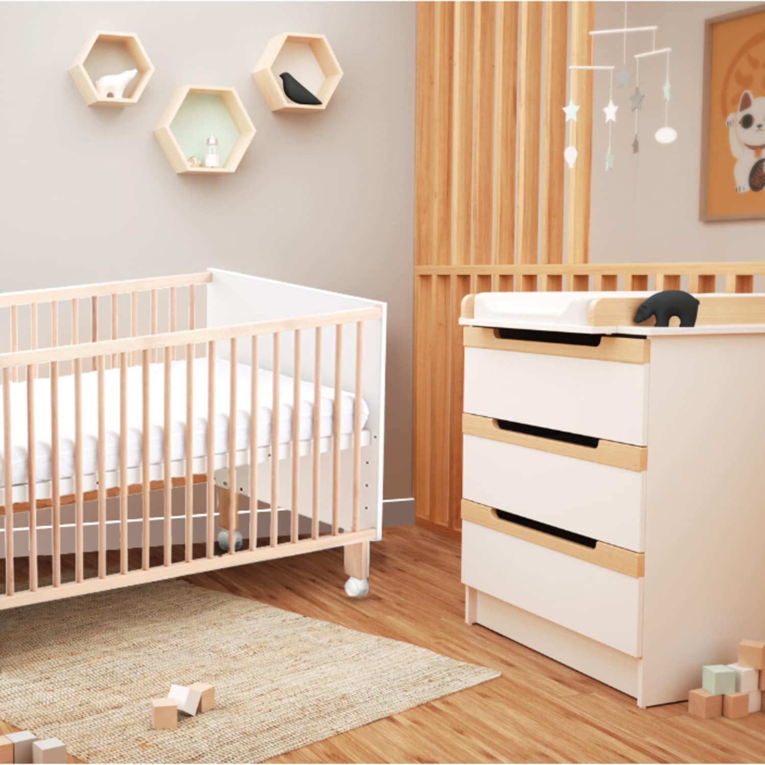 Reproducir matraz pantalla Cómoda habitación Sherwood blanca y haya con cambiador - CoolDreams