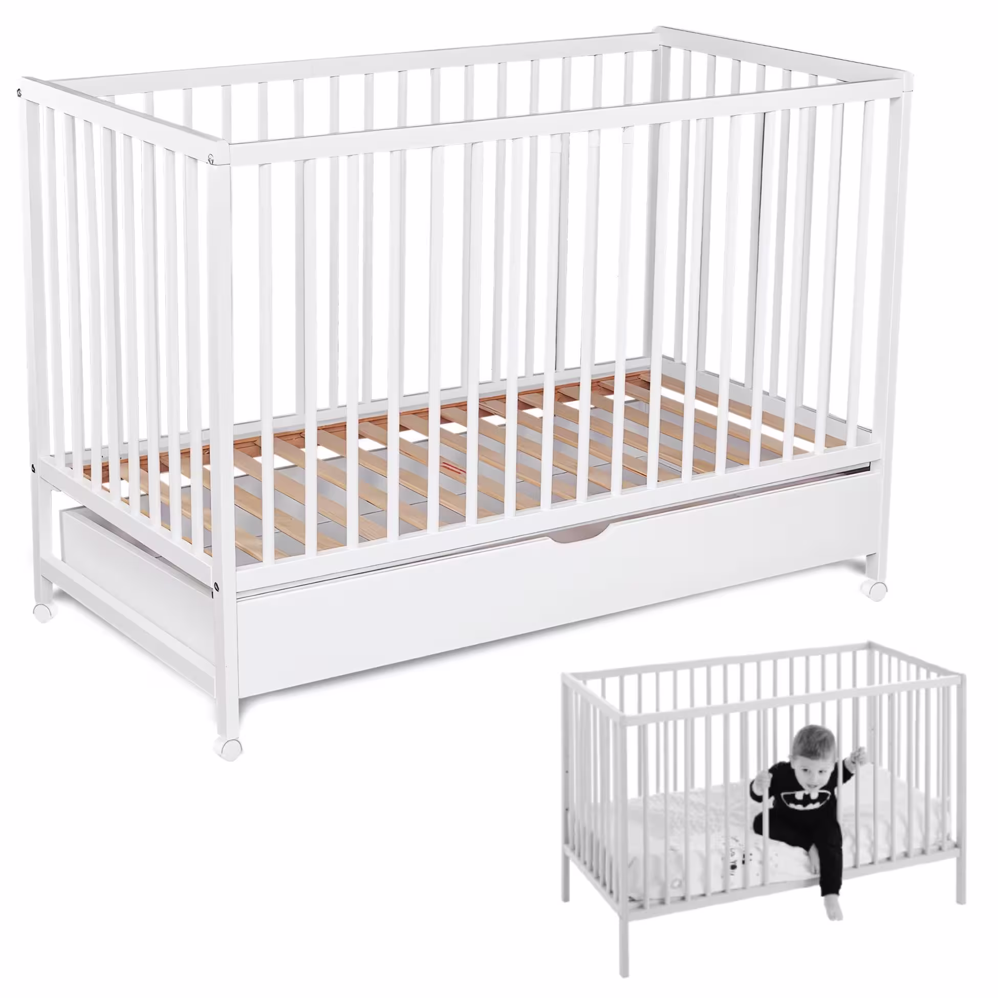 Cuna bebe con cajón con guía y somier de láminas de haya – Maipo
