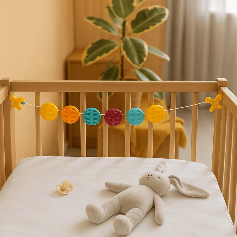 Cuna de madera con juguetes