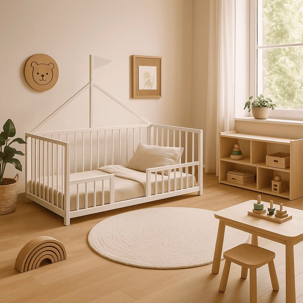 habitación montessori con cama y zona de juegos