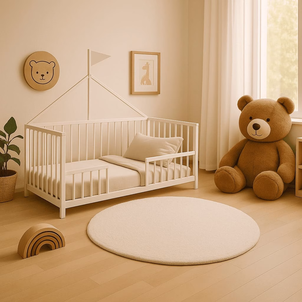 cama montessori oso de peluche y decoración minimalista
