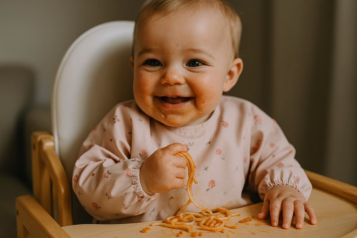 bebe comiendo pasta con salsa sucio