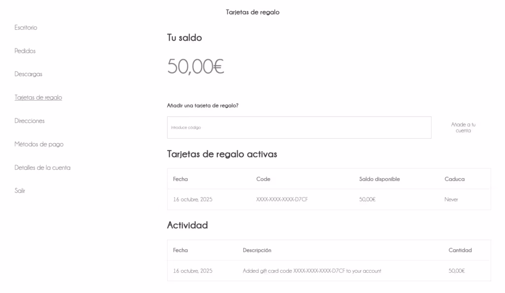 tarjeta regalo seccion usuario 