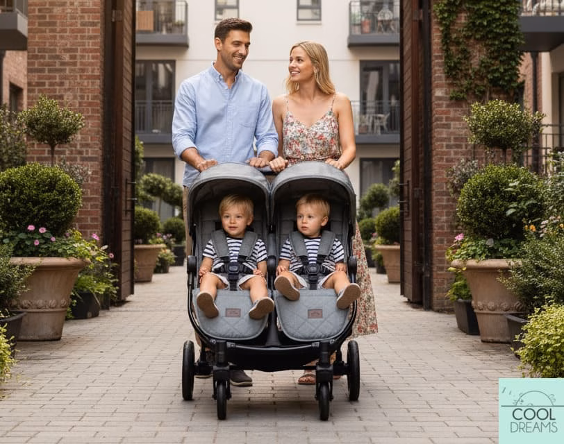 carro gemelar pareja con niños