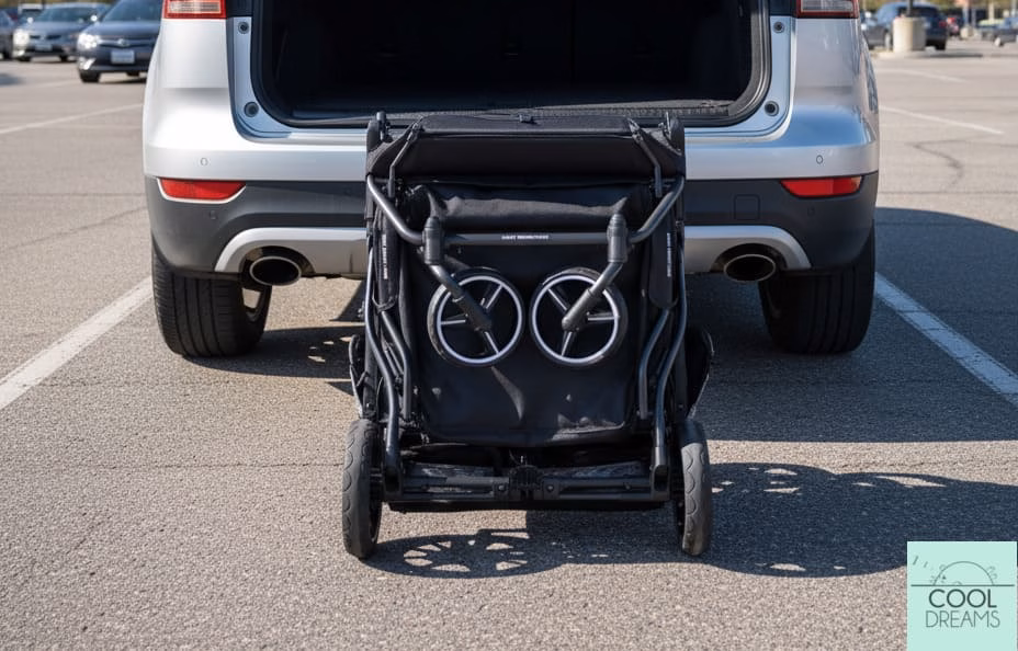 carrito gemelar plegado al lado de un coche