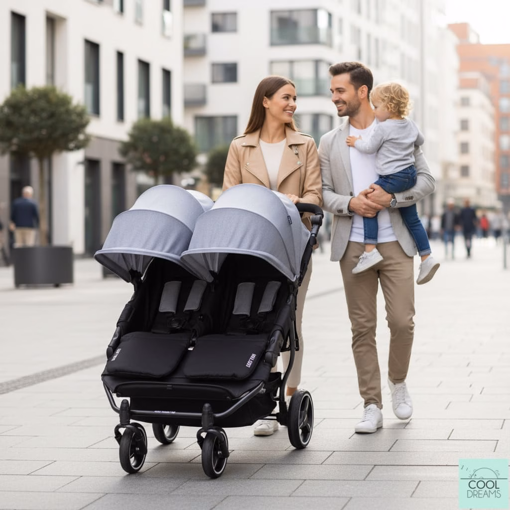 pareja paseando carro gemelar