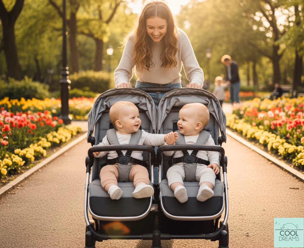 gemelos en el carro jugando en el parque