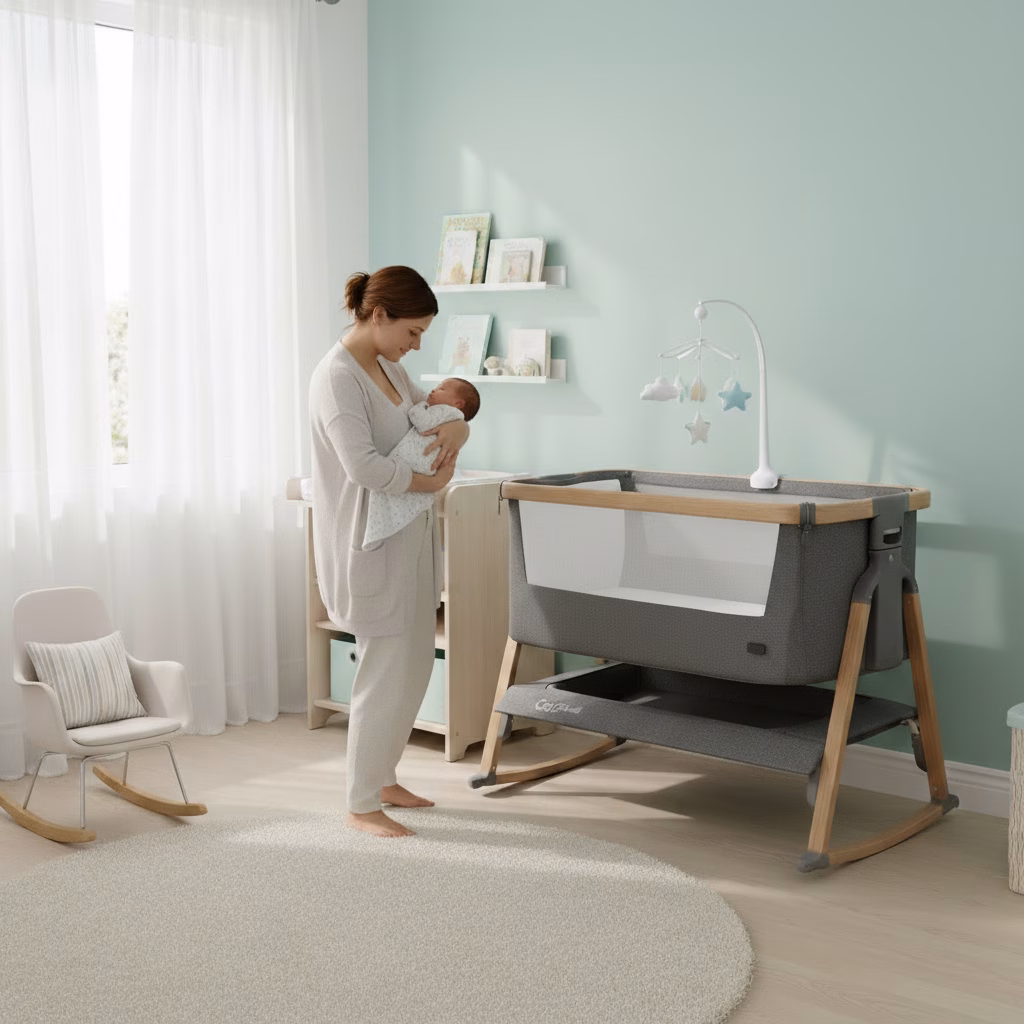 mama con bebe en brazos al lado de la minicuna
