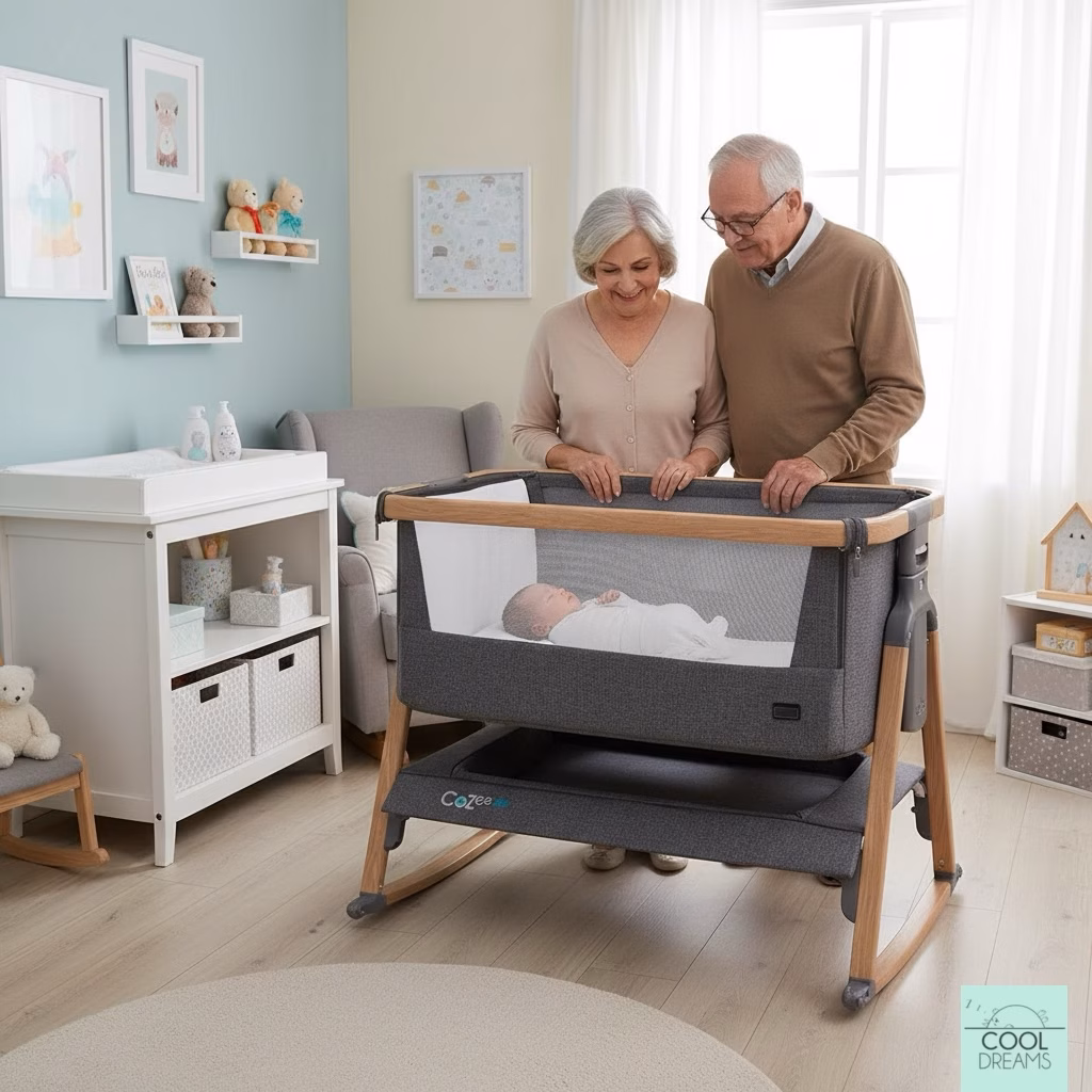 bebe en minicuna y abuelos  cuidando