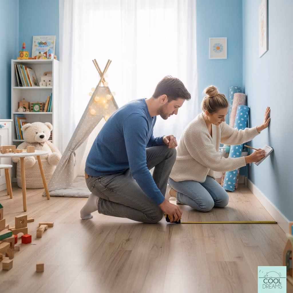 Pareja tomando medidas para alfombra en cuarto infantiñ