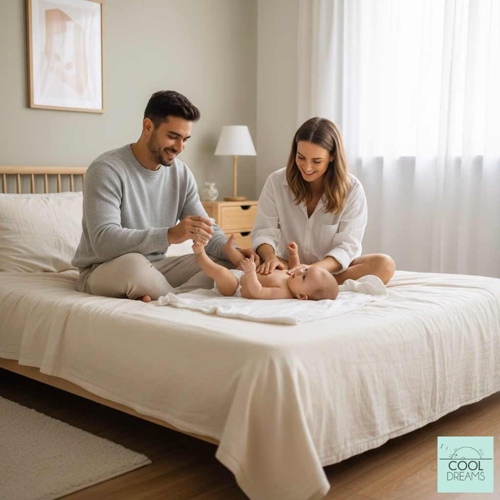 Las manos de unos padres al realizar el masaje al bebe calman y favorecen la relajación del bebe.